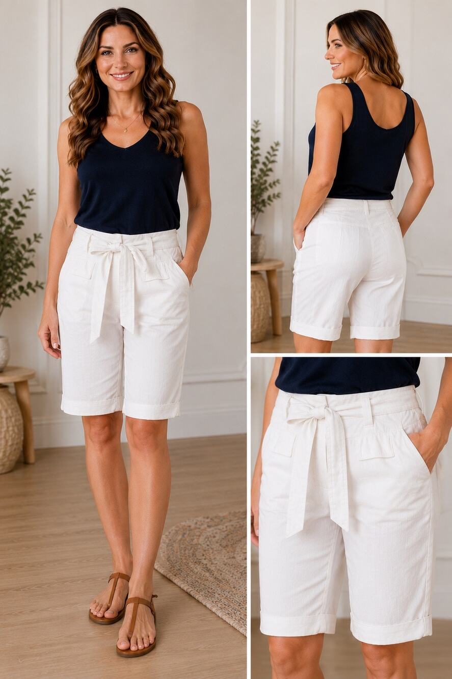Carole Little White Striped Cotton Capri Pants | Belted | Size 14 Summer Casual